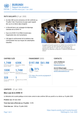 BURUNDI Rapport De Situation Dernière Mise À Jour: 1 Oct