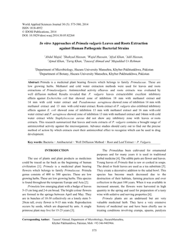 In Vitro Approaches of Primula Vulgaris Leaves and Roots Extraction Against Human Pathogenic Bacterial Strains