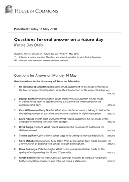 Future Oral Questions As of Fri 11 May 2018