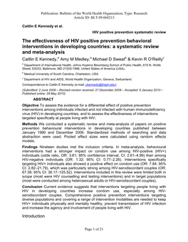 The Effectiveness of HIV Positive Prevention Behavioral Interventions