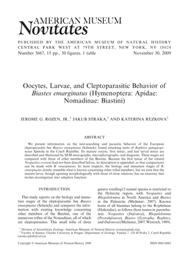 Oocytes, Larvae, and Cleptoparasitic Behavior of Biastes Emarginatus (Hymenoptera: Apidae: Nomadinae: Biastini)