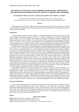 Revision of the Genus Hyles Hübner (Lepidoptera: Sphingidae: Macroglossinae) from Pakistan and Its Cladistic Relationship