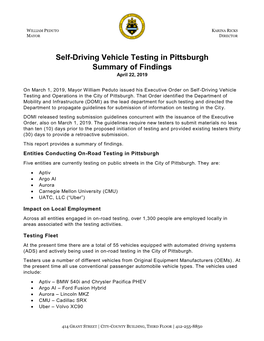 Self-Driving Vehicle Testing in Pittsburgh Summary of Findings April 22, 2019