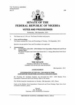 SENATE of the FEDERAL REPUBLIC of NIGERIA VOTES and PROCEEDINGS Wednesday, 18Th September, 2013