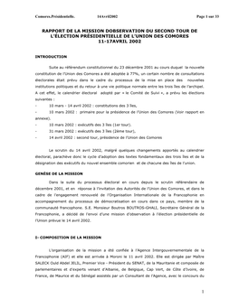 Rapport De La Mission Dobservation Du Second Tour De L’Élection Présidentielle De L’Union Des Comores 11-17Avril 2002