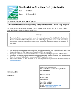 Marine Notice No. 23 of 2015 a Guide to the Process of Registering a Ship on the South African Ship Register