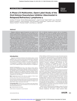 A Phase I/II Multicenter, Open-Label Study of the Oral Histone Deacetylase Inhibitor Abexinostat in Relapsed/Refractory Lymphoma Andrew M