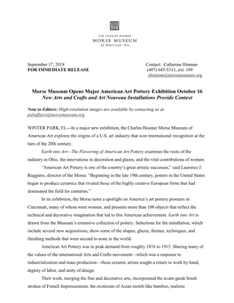 Morse Museum Opens Major American Art Pottery Exhibition October 16 New Arts and Crafts and Art Nouveau Installations Provide Context