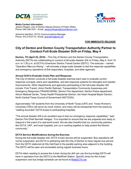 City of Denton and Denton County Transportation Authority Partner to Conduct Full-Scale Disaster Drill on Friday, May 4