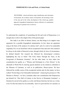 PERPESSICIUS: Life and Work. a Critical Study to Understand the Complexity of Researching the Life and Work of Perpessicius, It