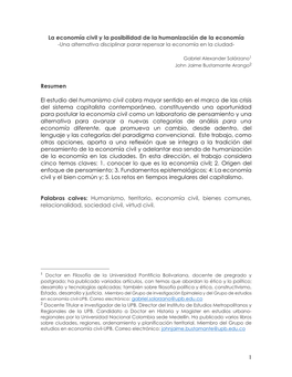 La Economía Civil Y La Posibilidad De La Humanización De La Economía -Una Alternativa Disciplinar Parar Repensar La Economía En La Ciudad