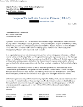 Subject: Antelope Valley -LULAC- Redistricng Opinion From: Lilia