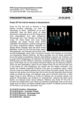 PRESSEMITTEILUNG 27.03.2018 Poets of the Fall Im Herbst In