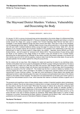 The Maywand District Murders: Violence, Vulnerability and Desecrating the Body Written by Thomas Gregory