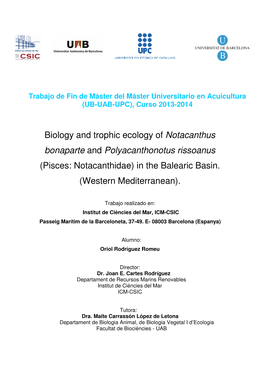 Biology and Trophic Ecology of Notacanthus Bonaparte and Polyacanthonotus Rissoanus (Pisces: Notacanthidae) in the Balearic Basin