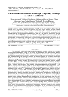 Effects of Different Count and Stitch Length on Spirality, Shrinkage and GSM of Knit Fabrics