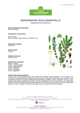 MONOGRAPHIE HUILE ESSENTIELLE Agathosma Betulina