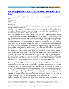 Call for Papers for an Edited Collection on “New York City in Song”