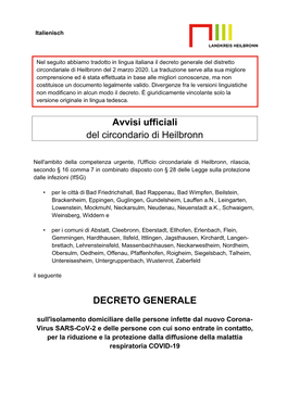 Avvisi Ufficiali Del Circondario Di Heilbronn DECRETO GENERALE