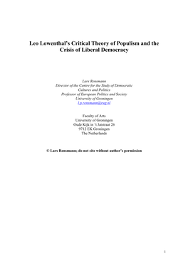 Leo Lowenthal's Critical Theory of Populism and the Crisis of Liberal