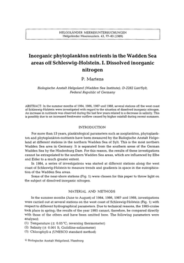 Inorganic Phytoplankton Nutrients in the Wadden Sea Areas Off Schleswig-Holstein. I. Dissolved Inorganic Nitrogen P