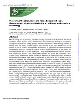 Measuring the Strength of the Horned Passalus Beetle, Odontotaenius Disjunctus: Revisiting an Old Topic with Modern Technology