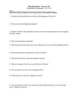 Joan of Arc World History & Geography 1 - Rev 8/15/02 Name Discussion Is Fine, but Please Do Not Copy Answers from Another Student