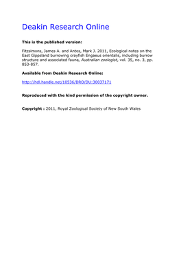 Ecological Notes on the East Gippsland Burrowing Crayfish Engaeus Orientalis, Including Burrow Structure and Associated Fauna, Australian Zoologist, Vol