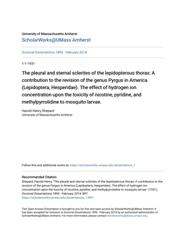 The Pleural and Sternal Sclerites of the Lepidopterous Thorax: a Contribution to the Revision of the Genus Pyrgus in America (Lepidoptera, Hesperidae)