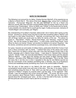 1 NOTE to the READER the Following Is an Account by My Father, Charles Norman Manhoff, of His Experiences As a Marine in World W