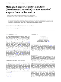 Midnight Snapper Macolor Macularis (Perciformes: Lutjanidae)—A New Record of Snapper from Indian Waters S