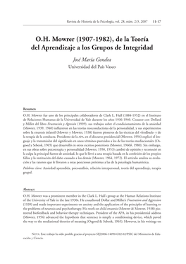 O.H. Mowrer (1907-1982), De La Teoría Del Aprendizaje a Los Grupos De Integridad