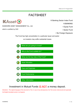 FACTSHEET K Banking Sector Index Fund K-BANKING KASIKORN ASSET MANAGEMENT Co., Ltd