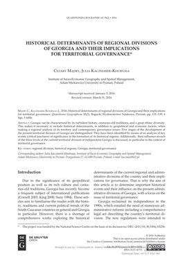 Historical Determinants of Regional Divisions of Georgia and Their Implications for Territorial Governance*