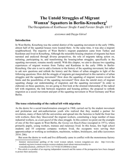 The Untold Struggles of Migrant Womxn1 Squatters in Berlin-Kreuzberg2 the Occupations of Kottbusser Straße 8 and Forster Straße 16/17