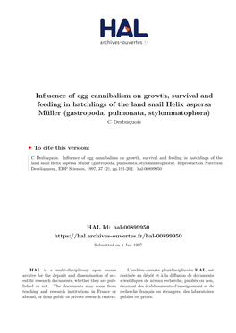 Influence of Egg Cannibalism on Growth, Survival and Feeding In