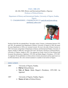 PAUL OBI-ANI BA, MA, Phd, History and International Studies, (Nigeria)