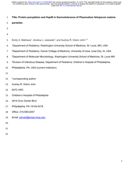Protein Prenylation and Hsp40 in Thermotolerance of Plasmodium Falciparum Malaria