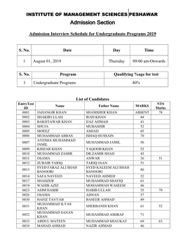 INSTITUTE of MANAGEMENT SCIENCES PESHAWAR Admission Section