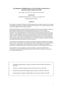 Developments in Milling Practice at the Lead/Zinc Concentrator of Mount Isa Mines Limited from 1990