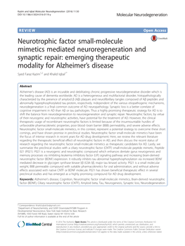 Neurotrophic Factor Small-Molecule Mimetics Mediated Neuroregeneration and Synaptic Repair: Emerging Therapeutic Modality for Al