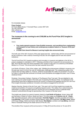 For Immediate Release Press Contact: Art Fund, Millais House, 7 Cromwell Place, London SW7 2JN Tel: 020 7225 4800 Web: Artfund.Org Email: Info@Artfund.Org