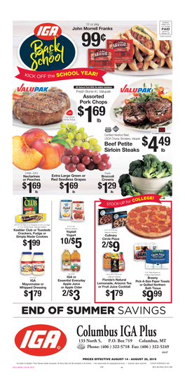 END of SUMMER SAVINGS Columbus IGA Plus 133 North 5, P.O