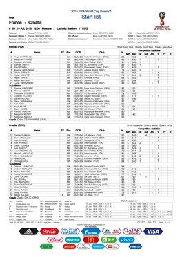 Start List France - Croatia # 64 15 JUL 2018 18:00 Moscow / Luzhniki Stadium / RUS