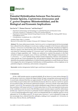 Potential Hybridization Between Two Invasive Termite Species, Coptotermes Formosanus and C