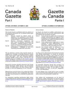 Gazette Du Canada, Partie I, Vol. 154, No. 44, Le 31 Octobre 2020