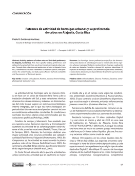 Patrones De Actividad De Hormigas Urbanas Y Su Preferencia De Cebos En Alajuela, Costa Rica