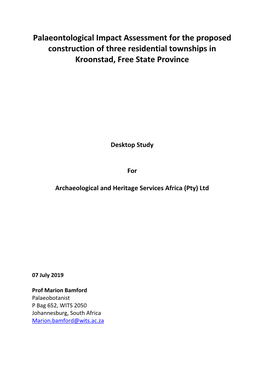 Palaeontological Impact Assessment for the Proposed Construction of Three Residential Townships in Kroonstad, Free State Province