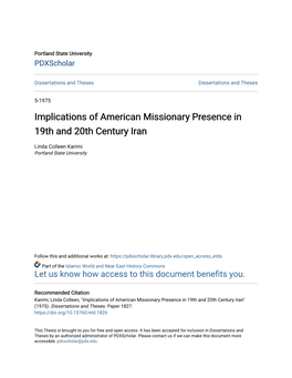 Implications of American Missionary Presence in 19Th and 20Th Century Iran