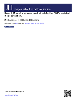 Hyper Igm Syndrome Associated with Defective CD40-Mediated B Cell Activation